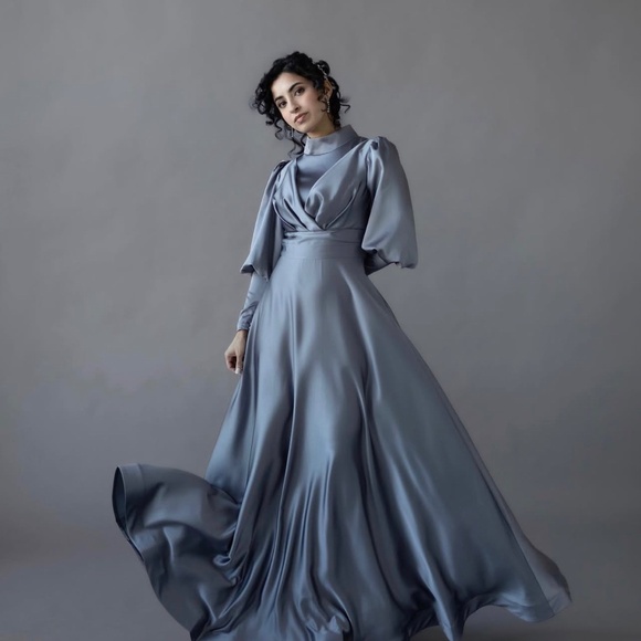 BLUE PUFF SLEEVE MODEST BALL GOWN - Picture 1 of 7